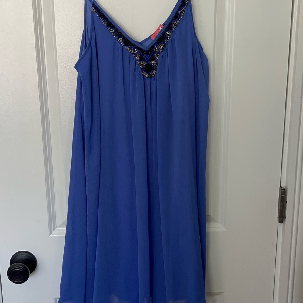 Blue Sleeveless Dress with Embellished Neckline